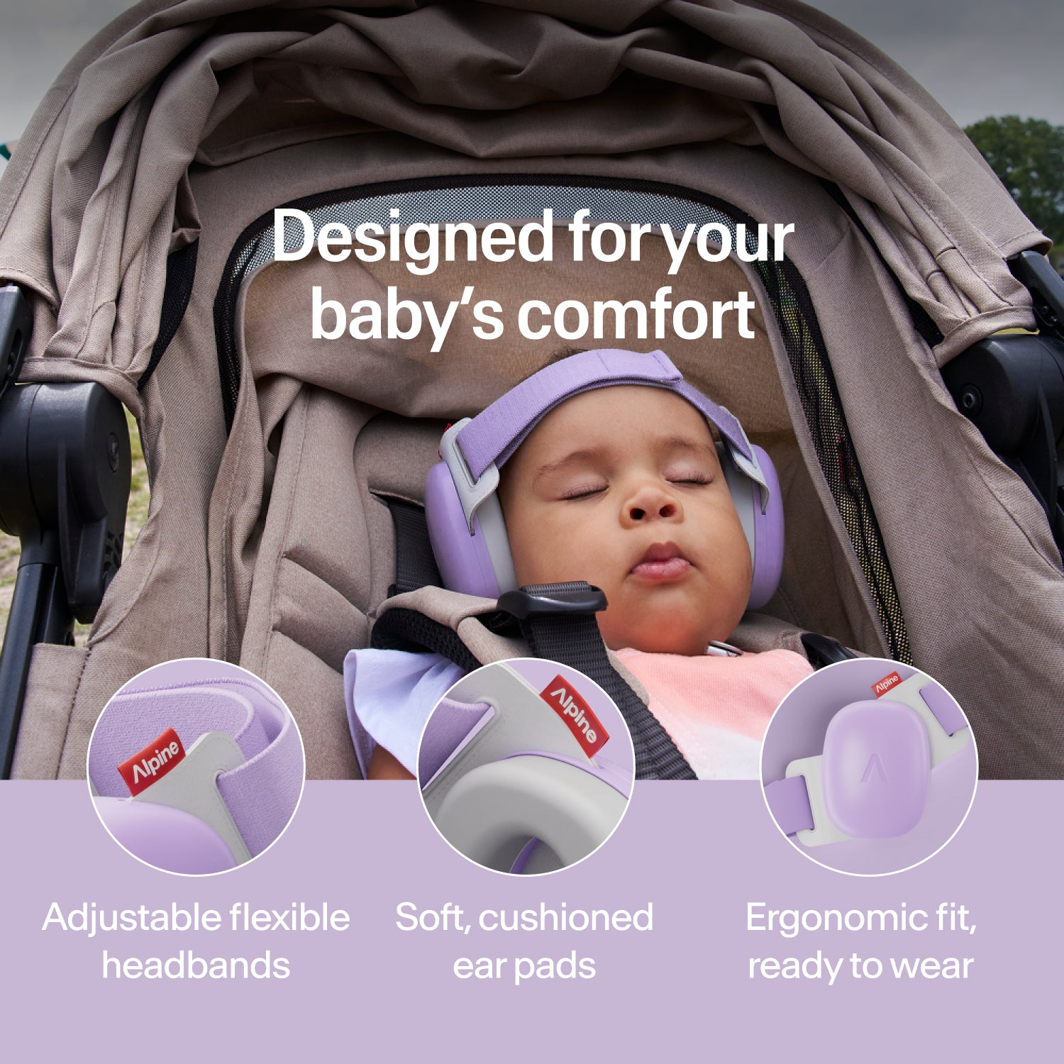 Sleeping baby wearing dawn-purple Alpine ear muffs in stroller, adjustable headband and soft ear pads