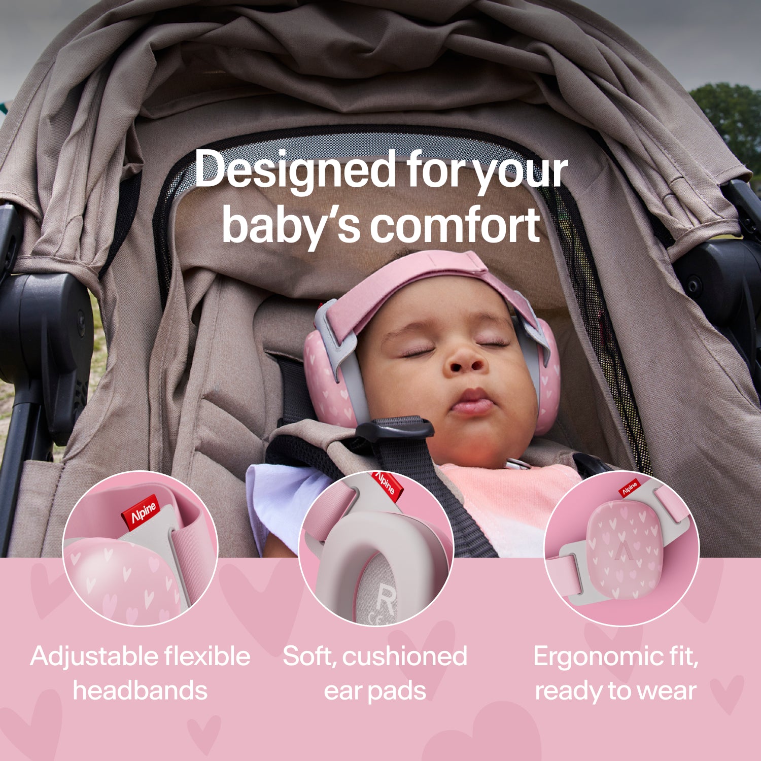 Sleeping baby wearing herats Alpine ear muffs in stroller, adjustable headband and soft ear pads