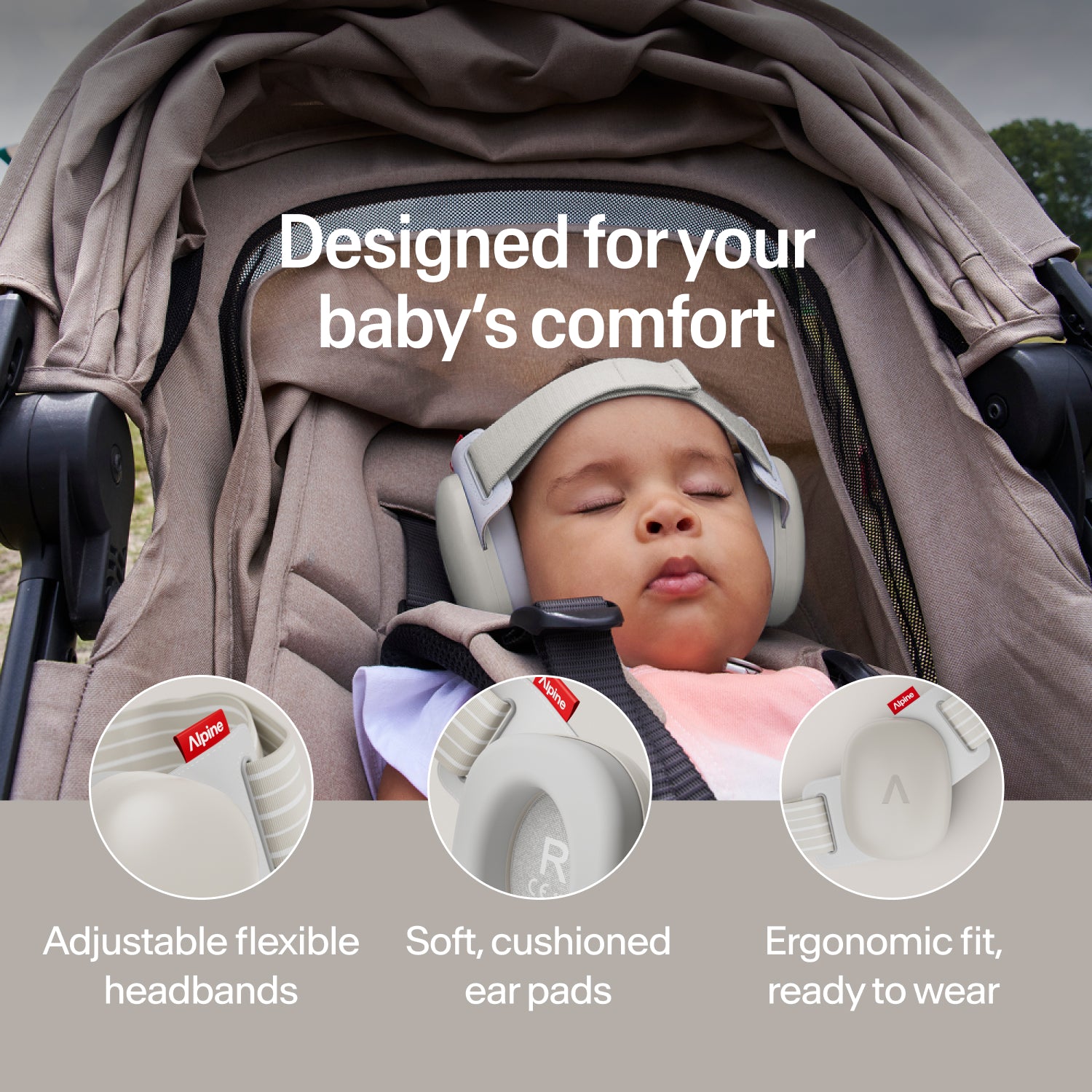 Sleeping baby wearing soft-sand Alpine ear muffs in stroller, adjustable headband and soft ear pads