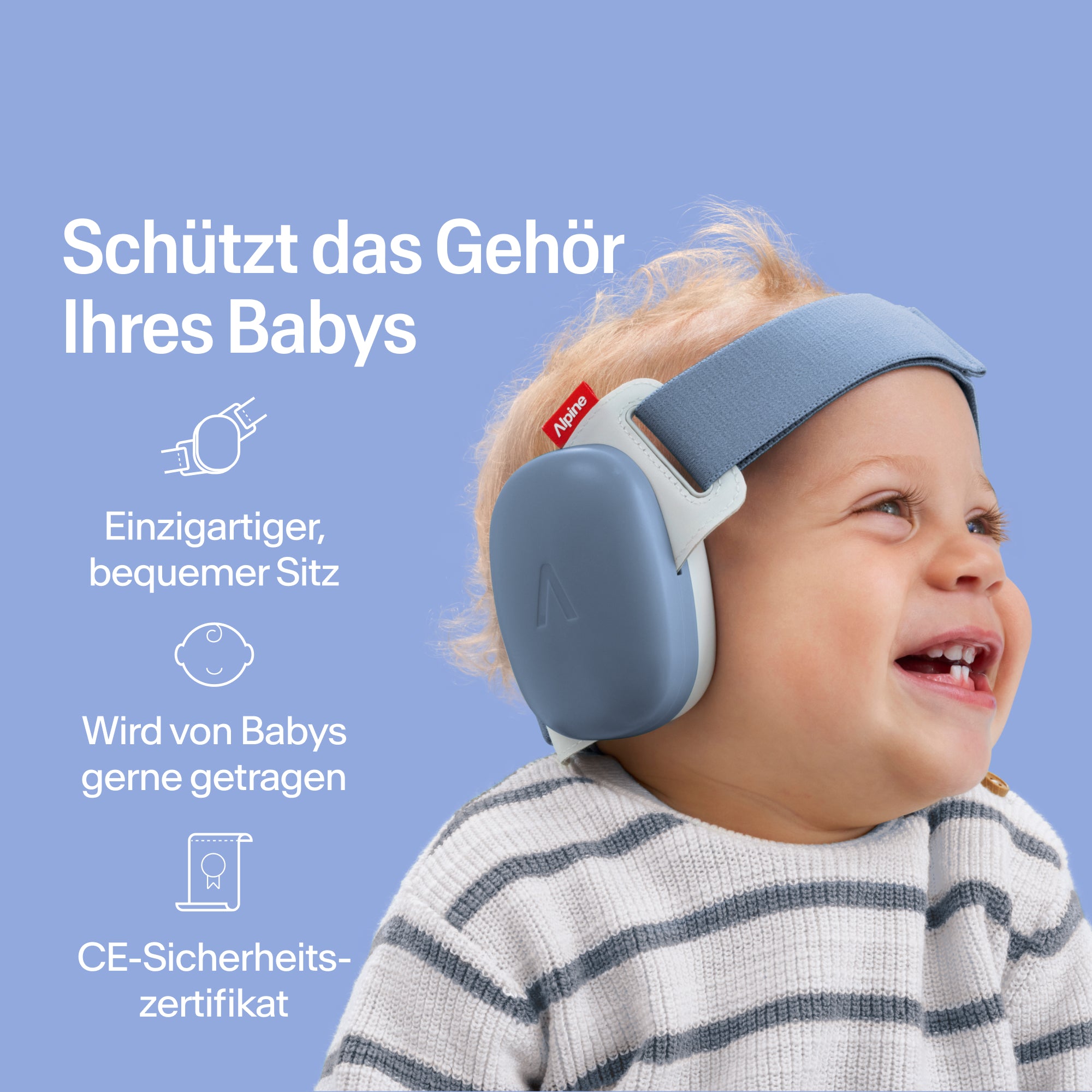 Fröhliches Baby trägt Alpine Gehörschutz blue, sicherer Sitz, CE-zertifizierter Gehörschutz