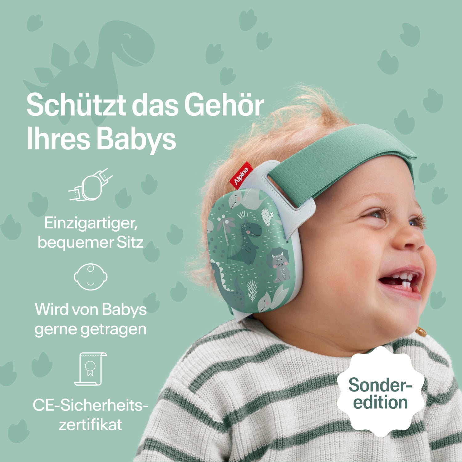 Fröhliches Baby trägt Alpine Gehörschutz dinos, sicherer Sitz, CE-zertifizierter Gehörschutz