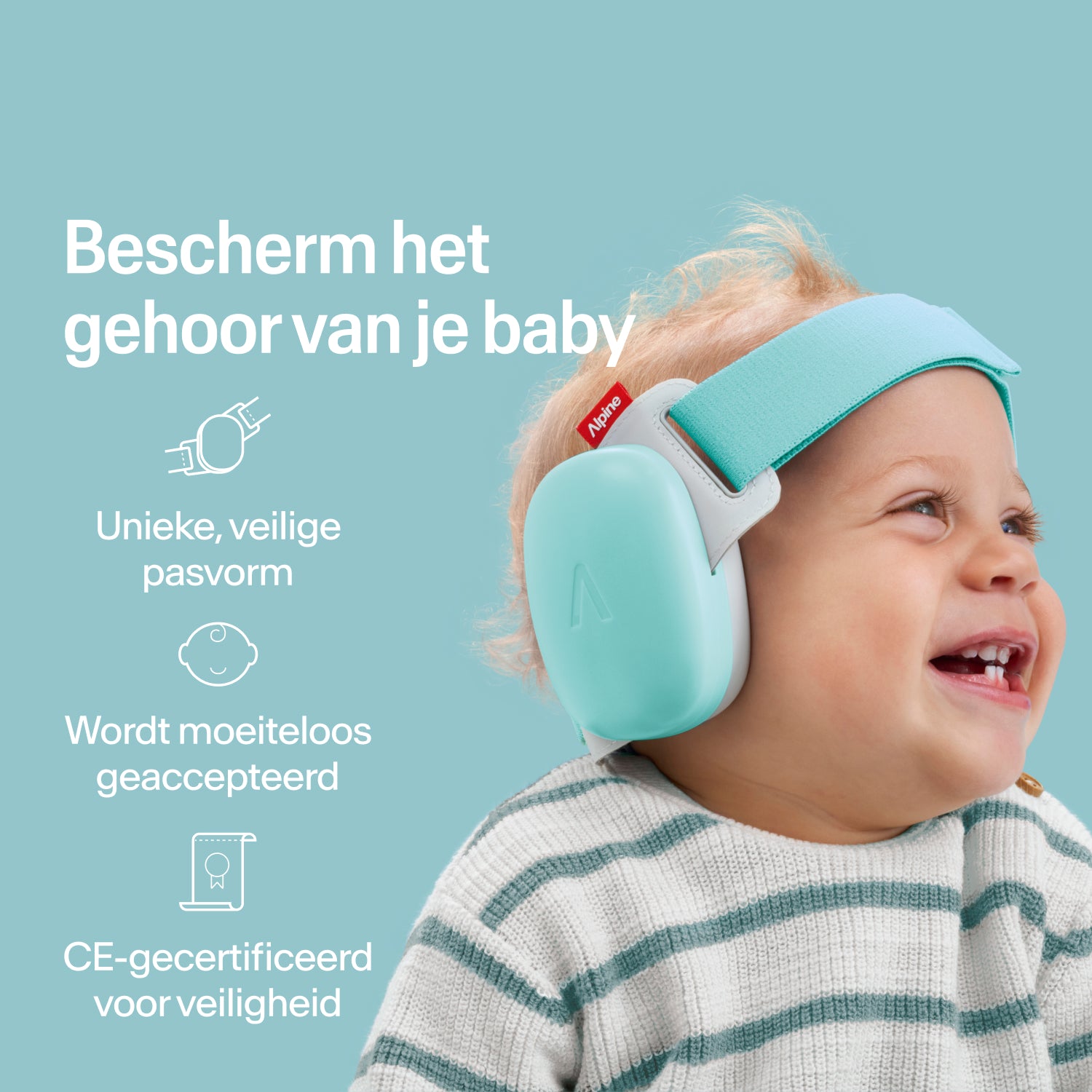 Blije baby draagt fresh aqua Alpine oorkappen met stevige pasvorm, CE-gecertificeerde gehoorbescherming