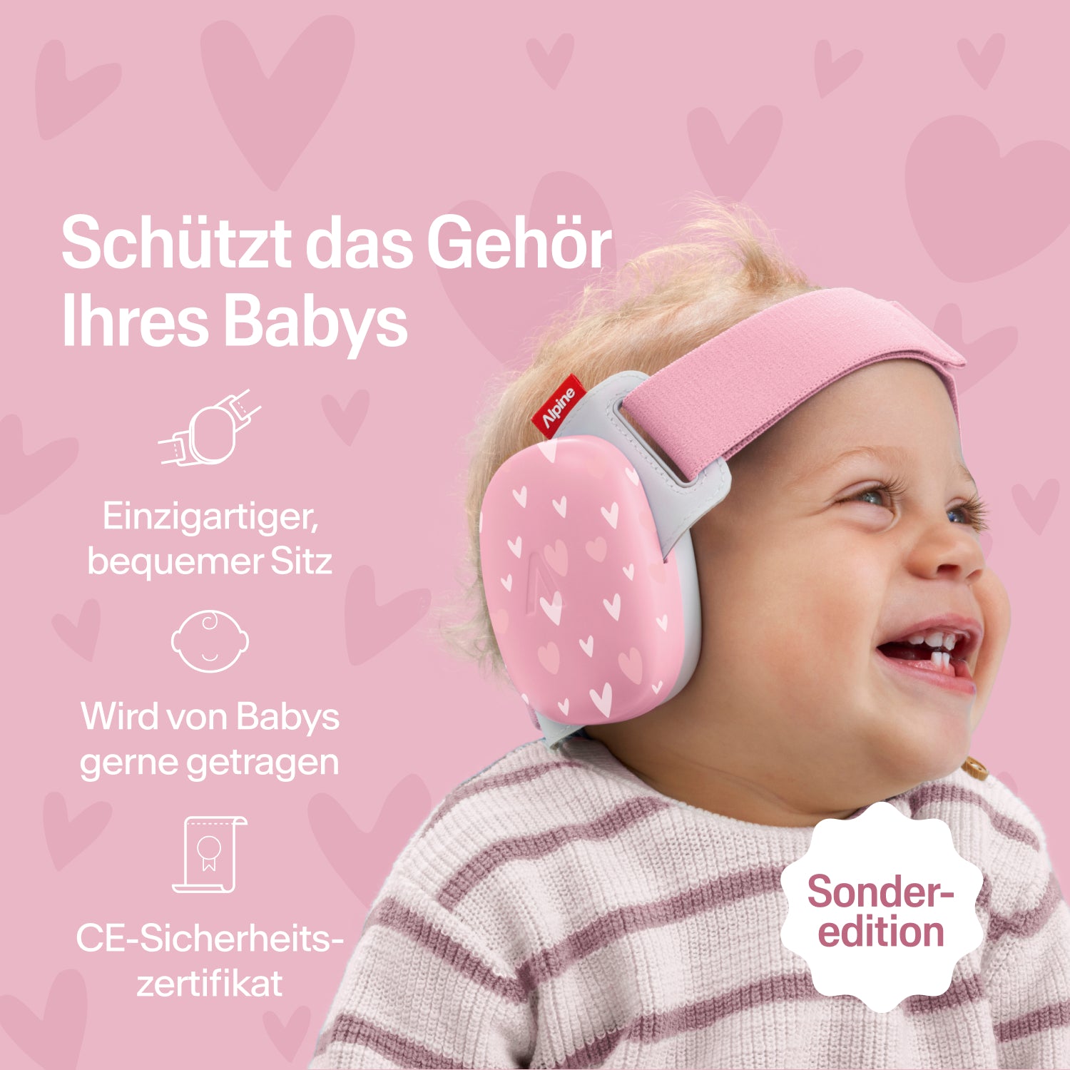 Fröhliches Baby trägt Alpine Gehörschutz hearts, sicherer Sitz, CE-zertifizierter Gehörschutz