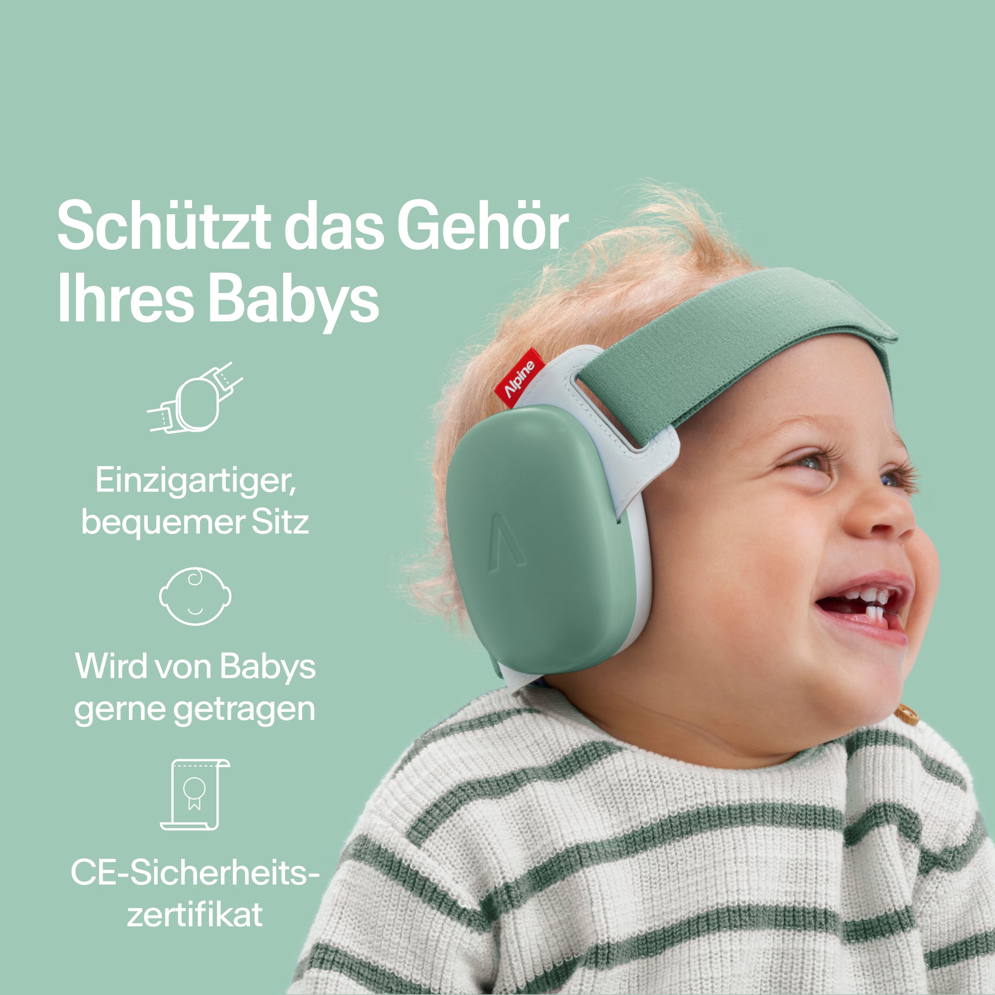 Fröhliches Baby trägt Alpine Gehörschutz sage-green, sicherer Sitz, CE-zertifizierter Gehörschutz