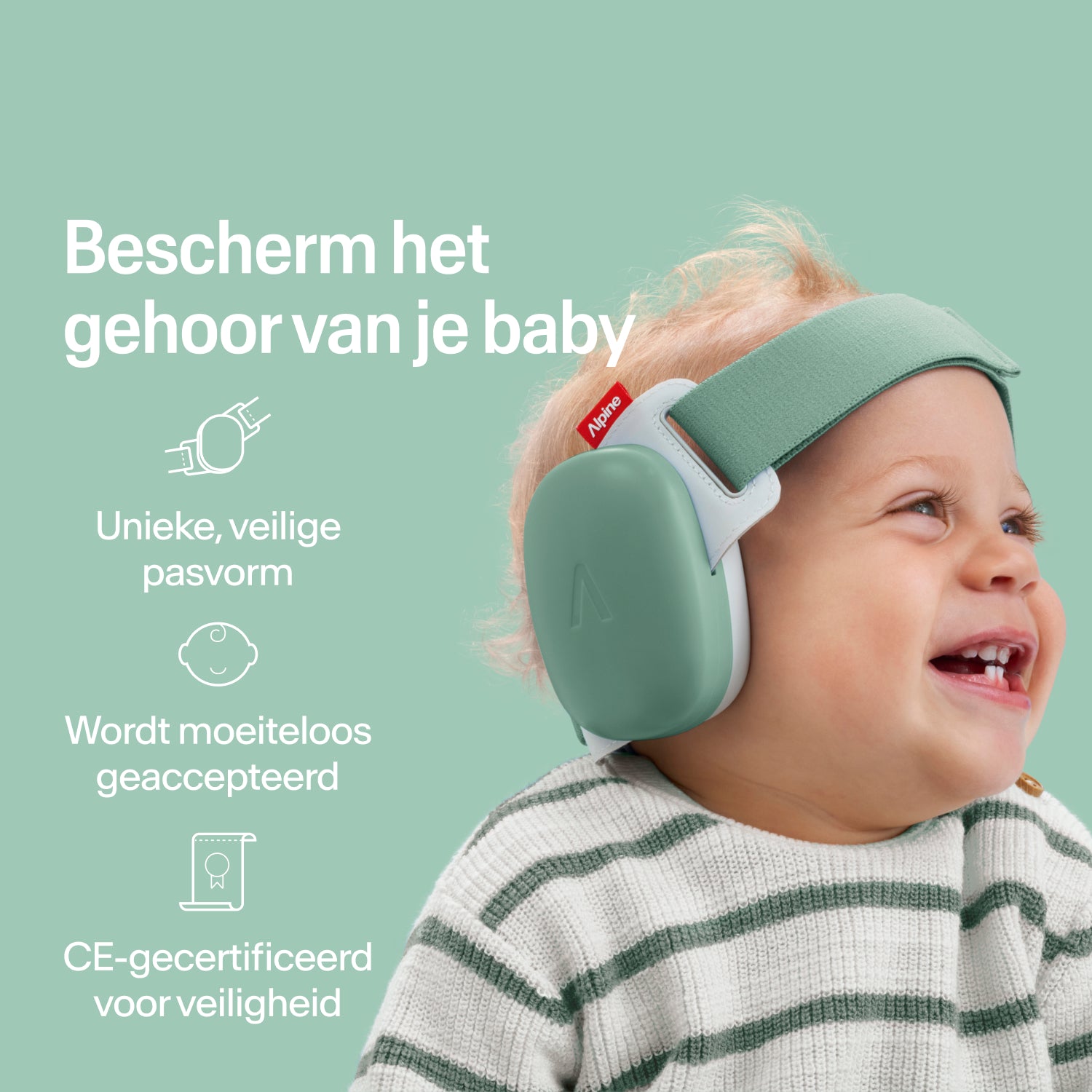 Blije baby draagt sage-green Alpine oorkappen met stevige pasvorm, CE-gecertificeerde gehoorbescherming