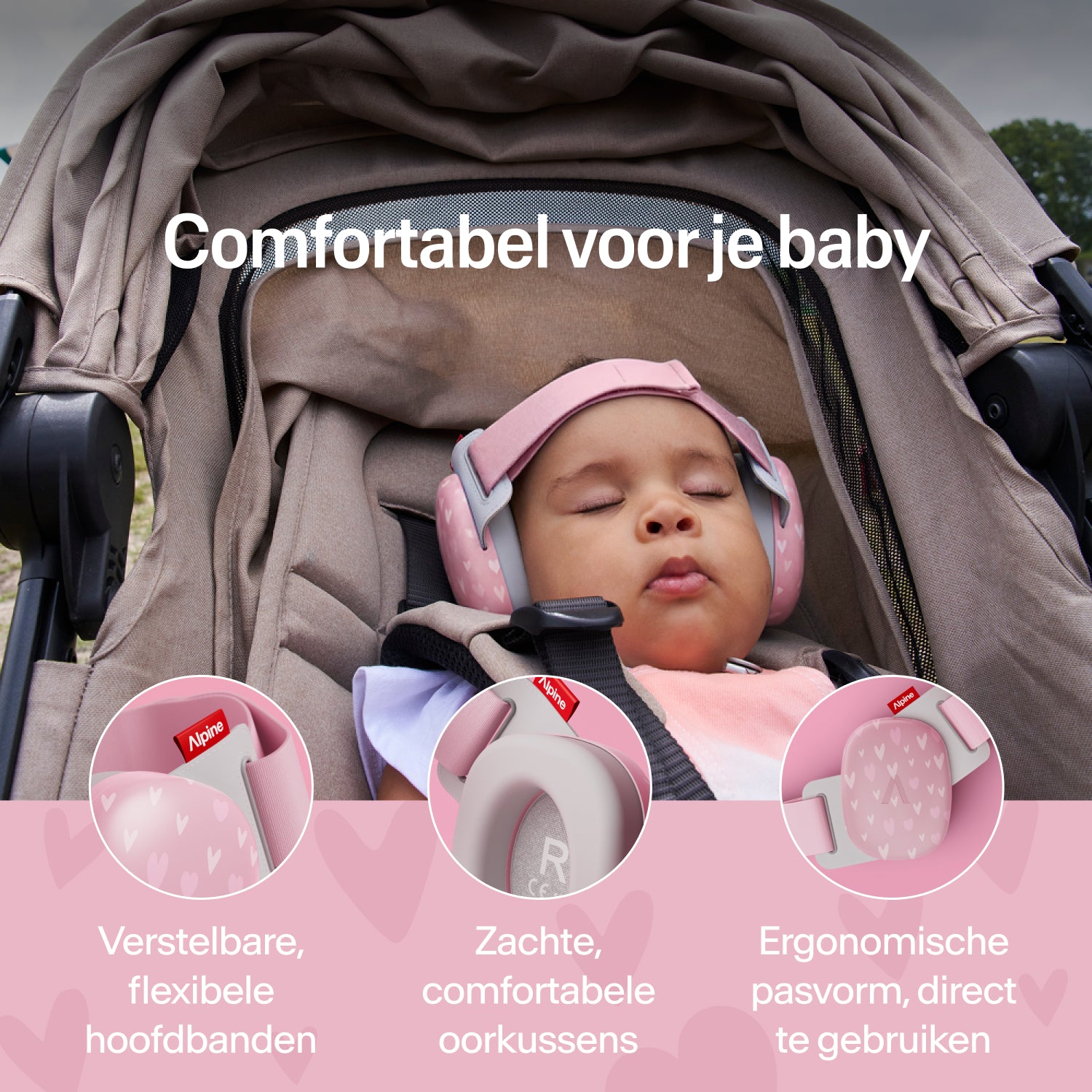 Slapende baby in kinderwagen met Alpine gehoorbescherming met hartjesprint; verstelbare band