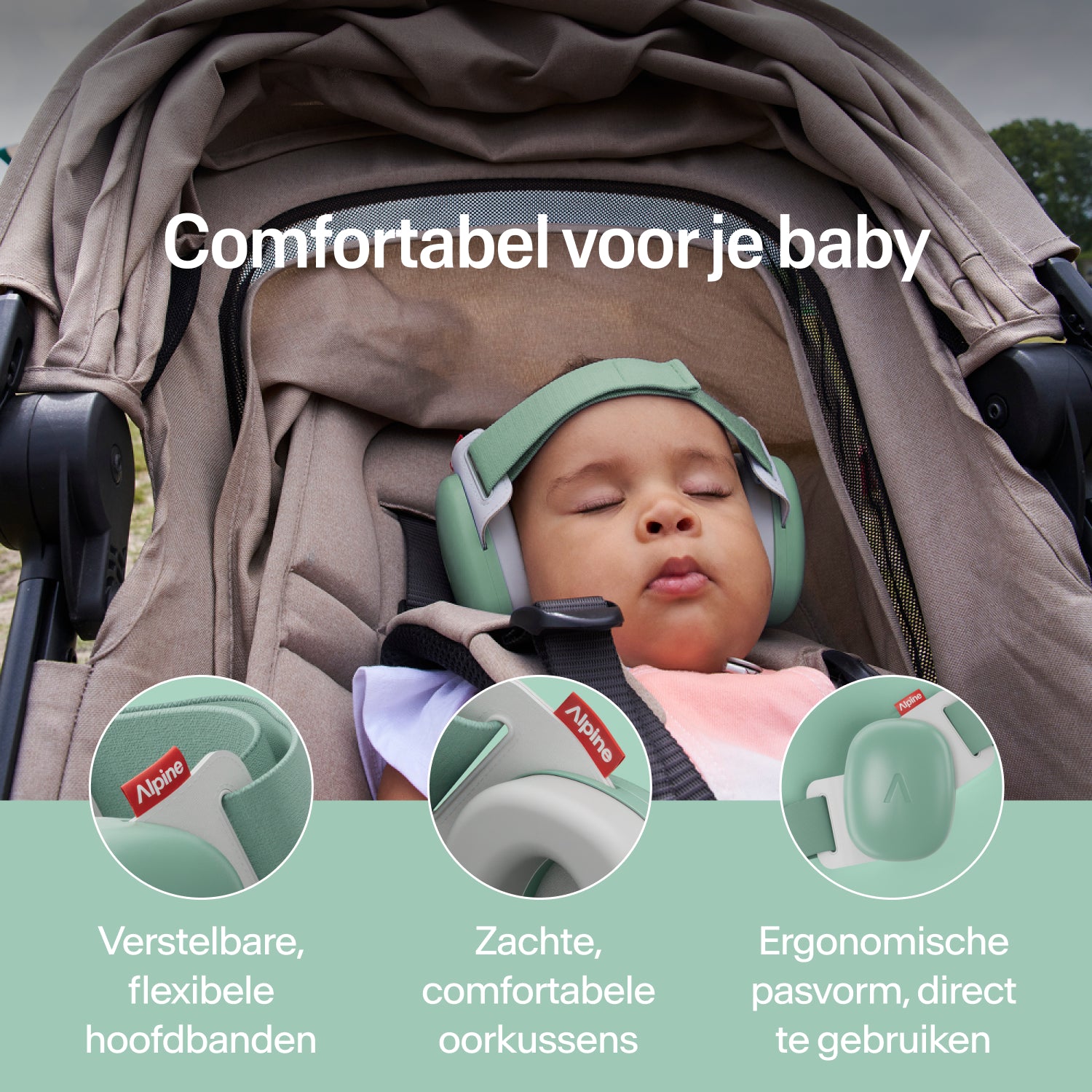Slapende baby in kinderwagen met saliegroene Alpine gehoorbescherming; verstelbare band, zachte oorkussens