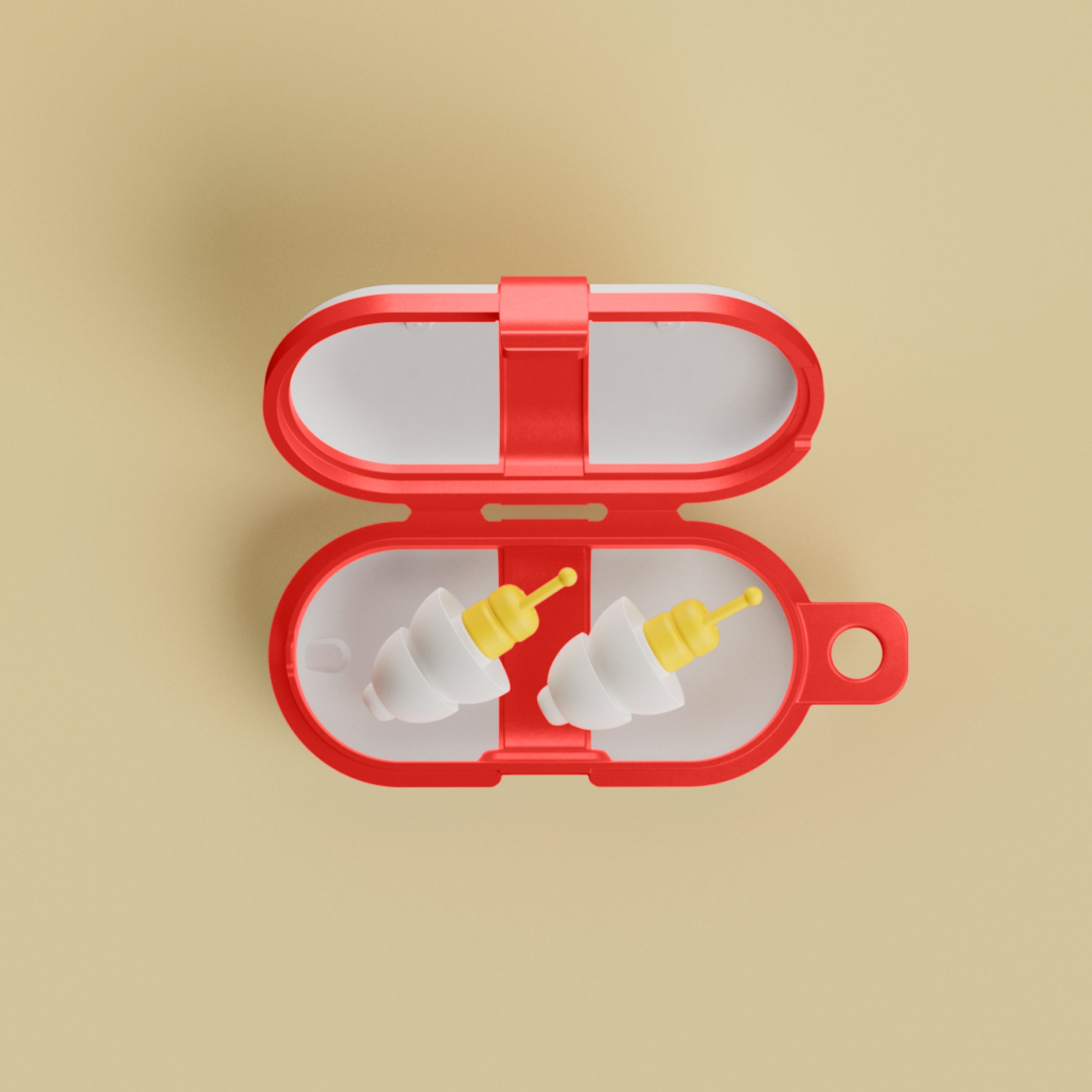 Alpine FlyFit earplugs in an open red carrying case with keyring loop, 3D render seen from above on beige