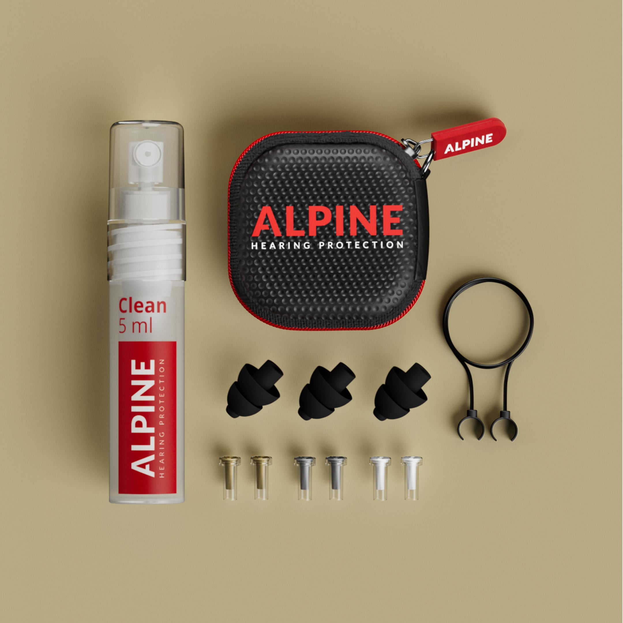 Alpine MusicSafe Pro Black kit with earplugs, three pairs of filters, carry case, cleaning spray and cord