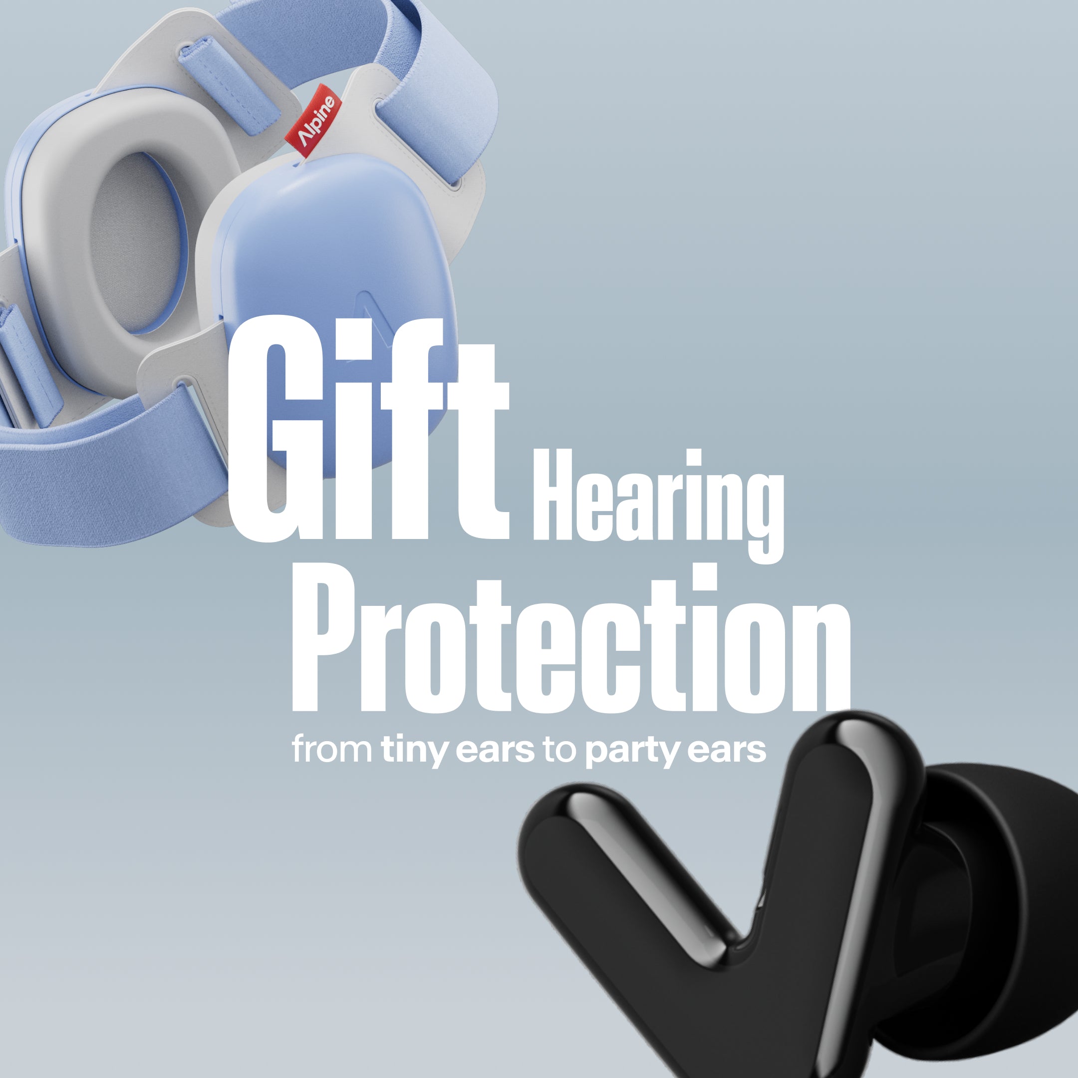 Hearing protection device with text on a light blue background