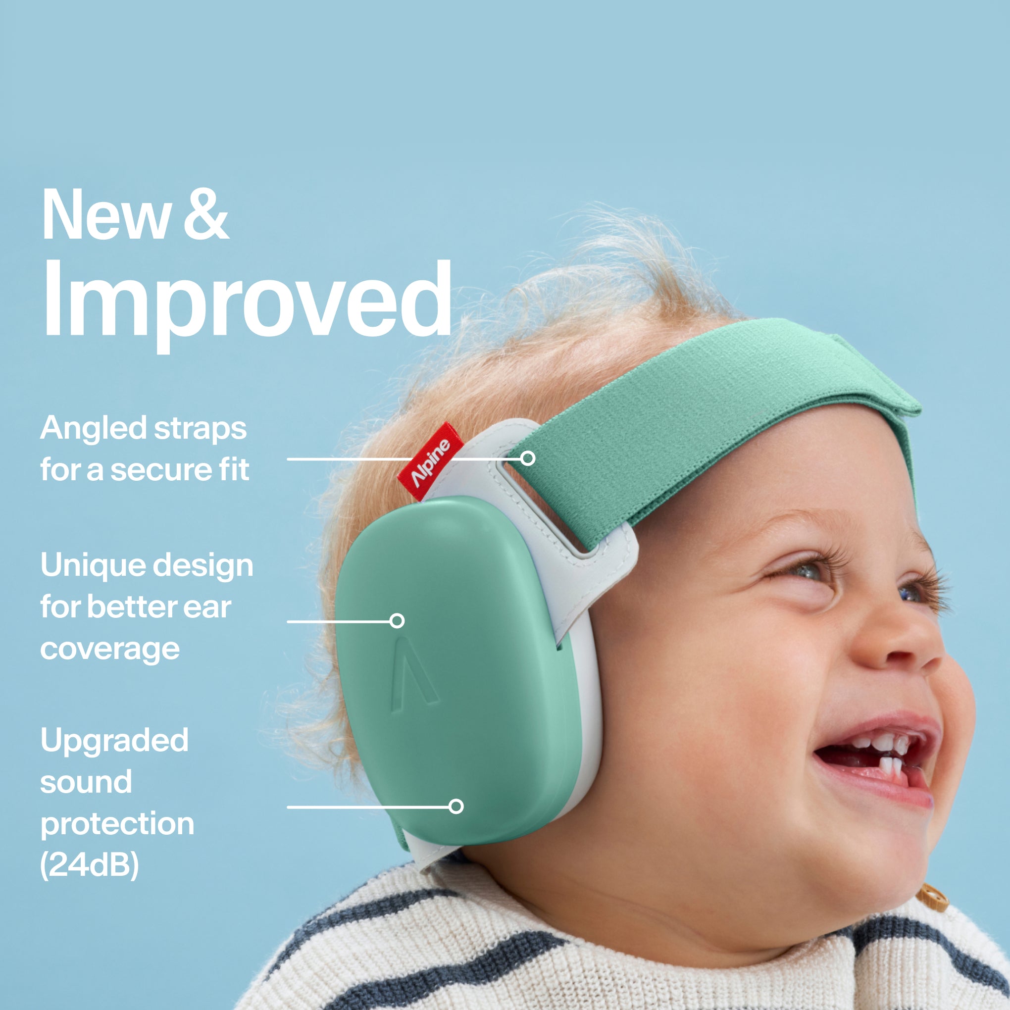 Baby wearing Alpine Muffy Baby in sage green on the head