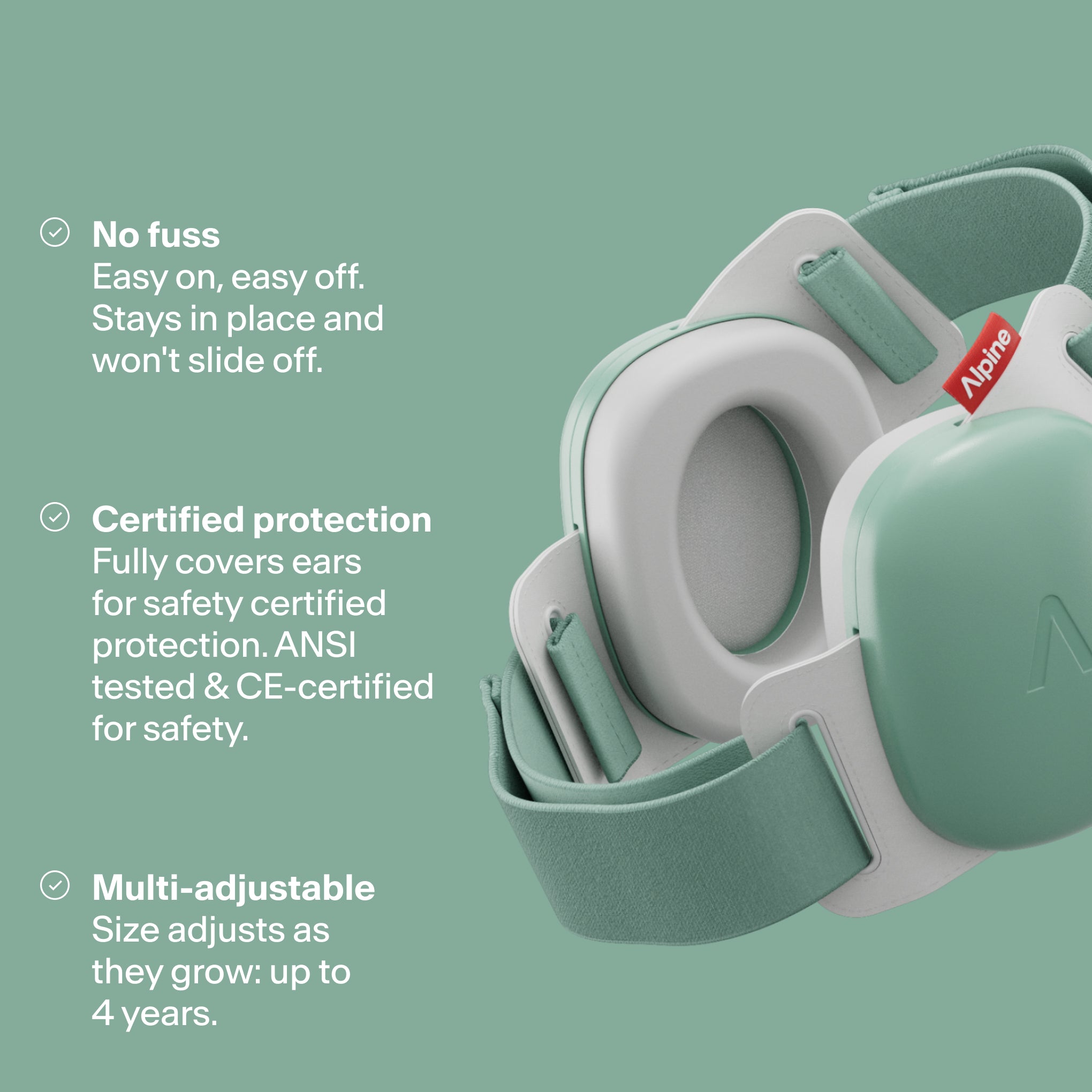 Render Alpine Muffy Baby in sage green with three USPs: easy for kids, protection, and adjustable