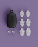 Alpine PartyPlug festival earplugs overview including multisize tips and case transparant