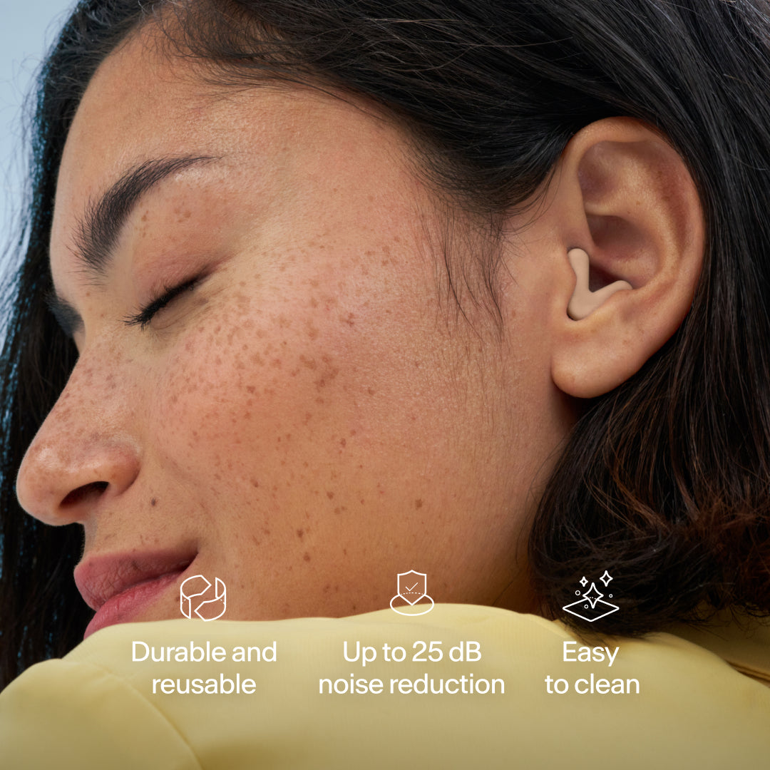 Alpine Silence earplugs in ear with key features – beige