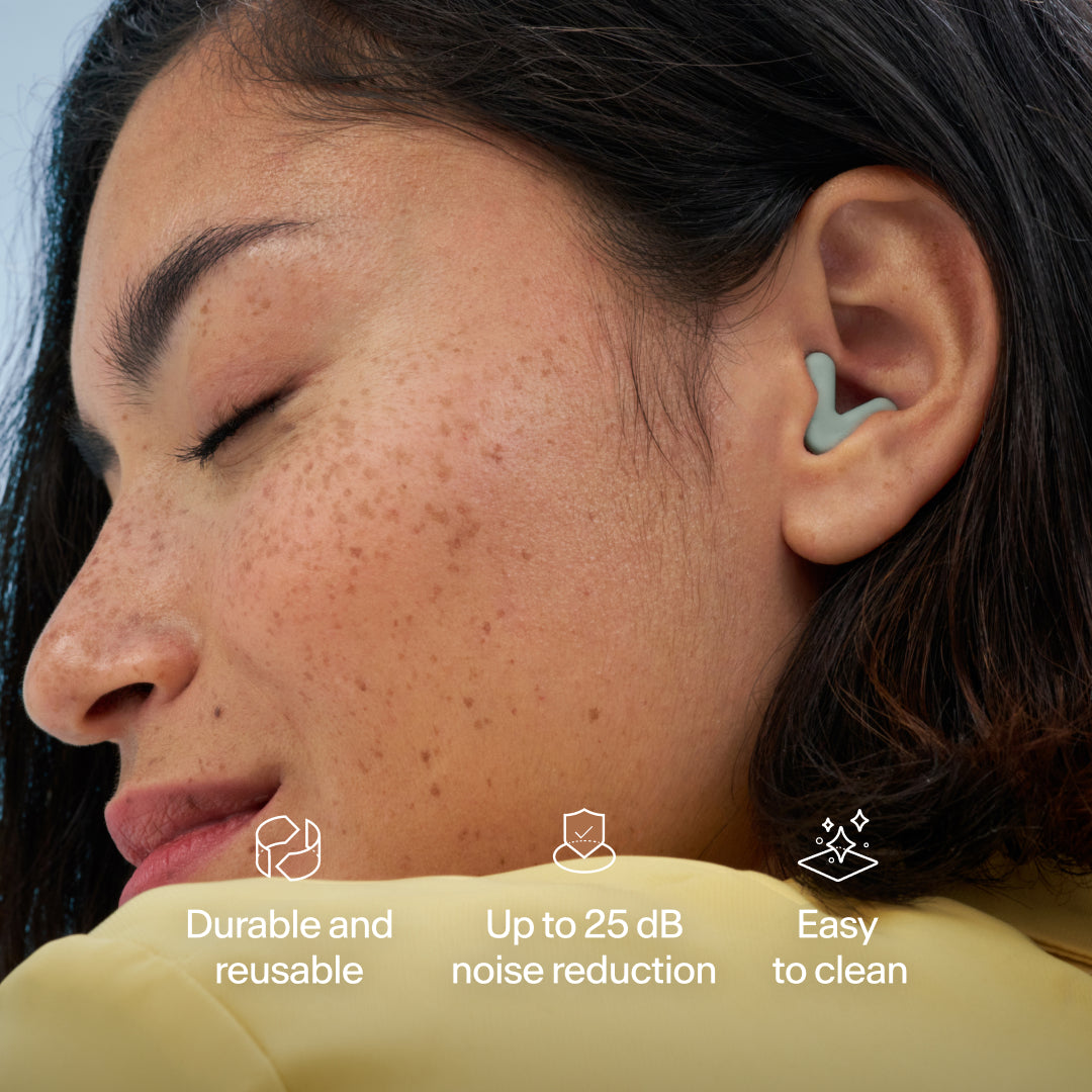 Alpine Silence earplugs in ear with key features – green