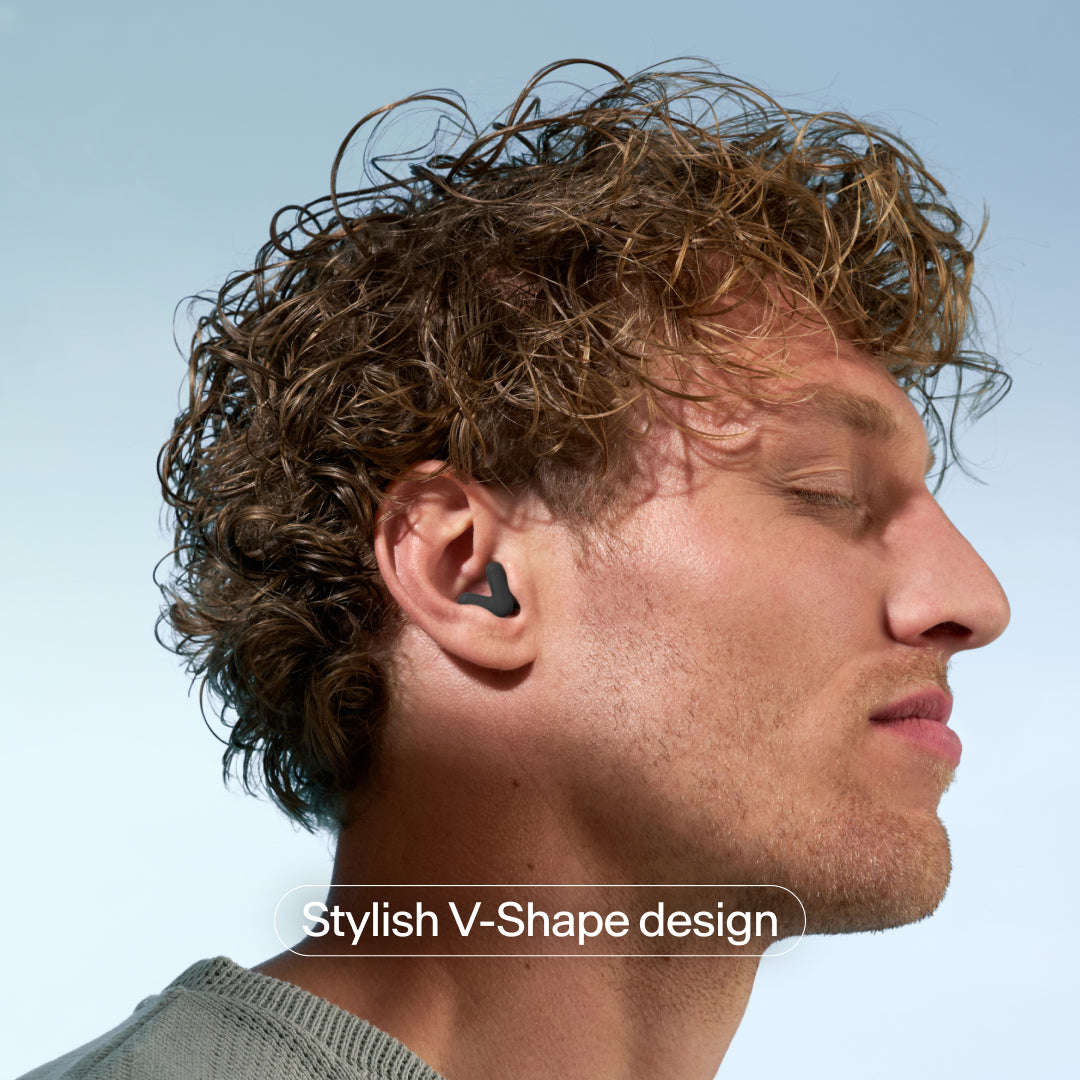 V-shape Alpine Silence earplugs in ear – black