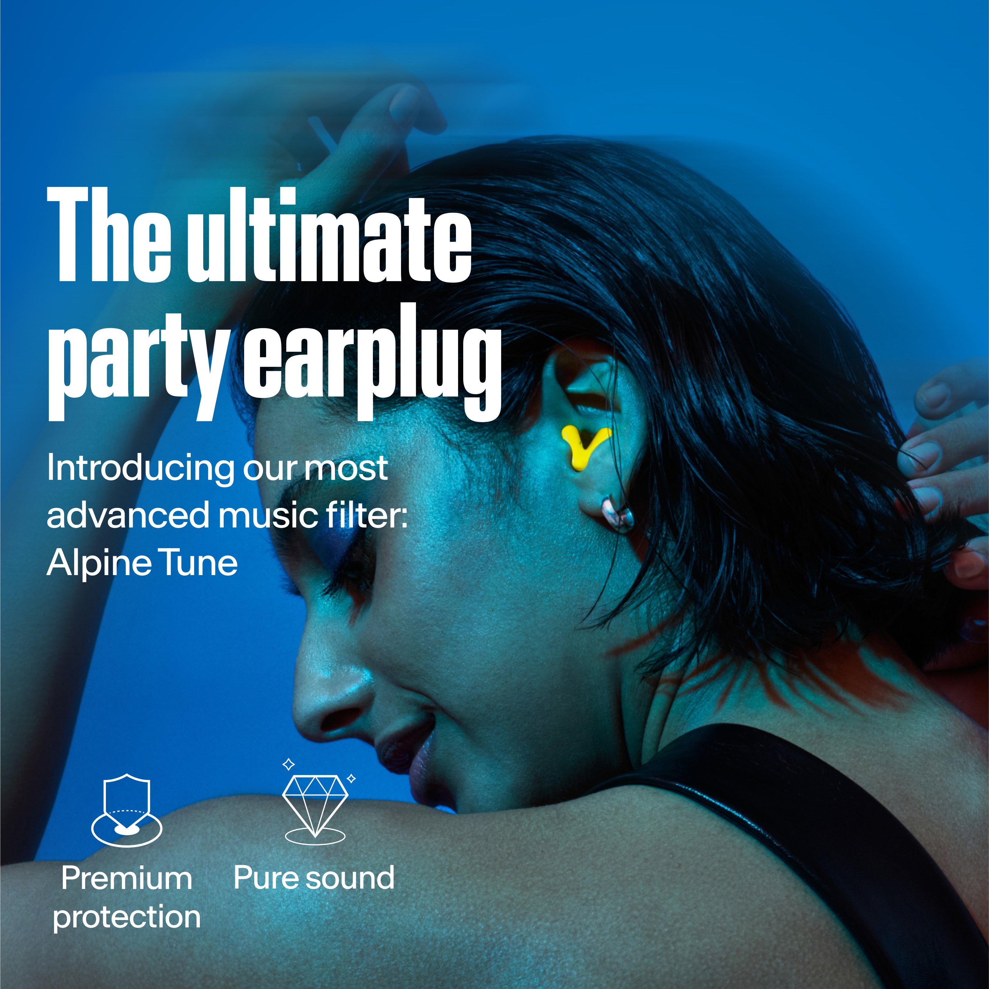 woman wearing alpine tune in neon-yellow showcasing usp tune is the most advanced music filter