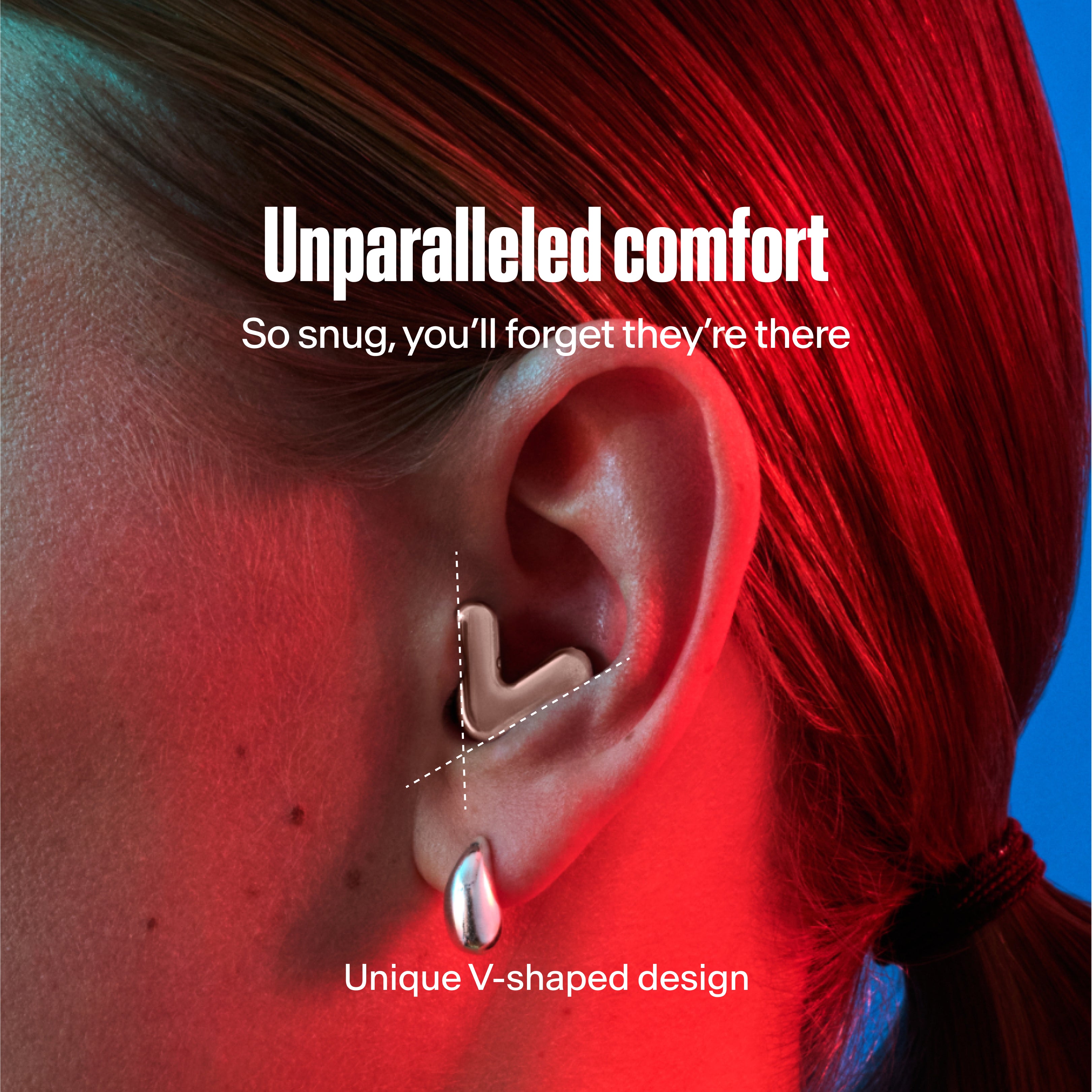 detailed image of an ear with an alpine tune earplug in rose-gold showing the snug fit in ear