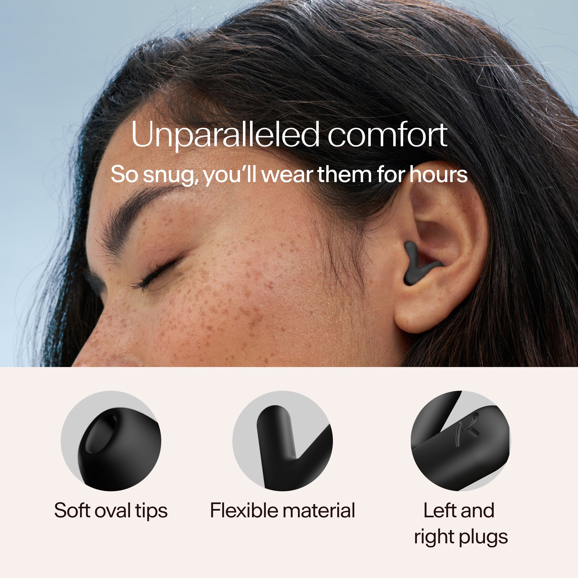 Close-up of a person wearing Alpine Silence earplugs in black, with text about comfort and product features