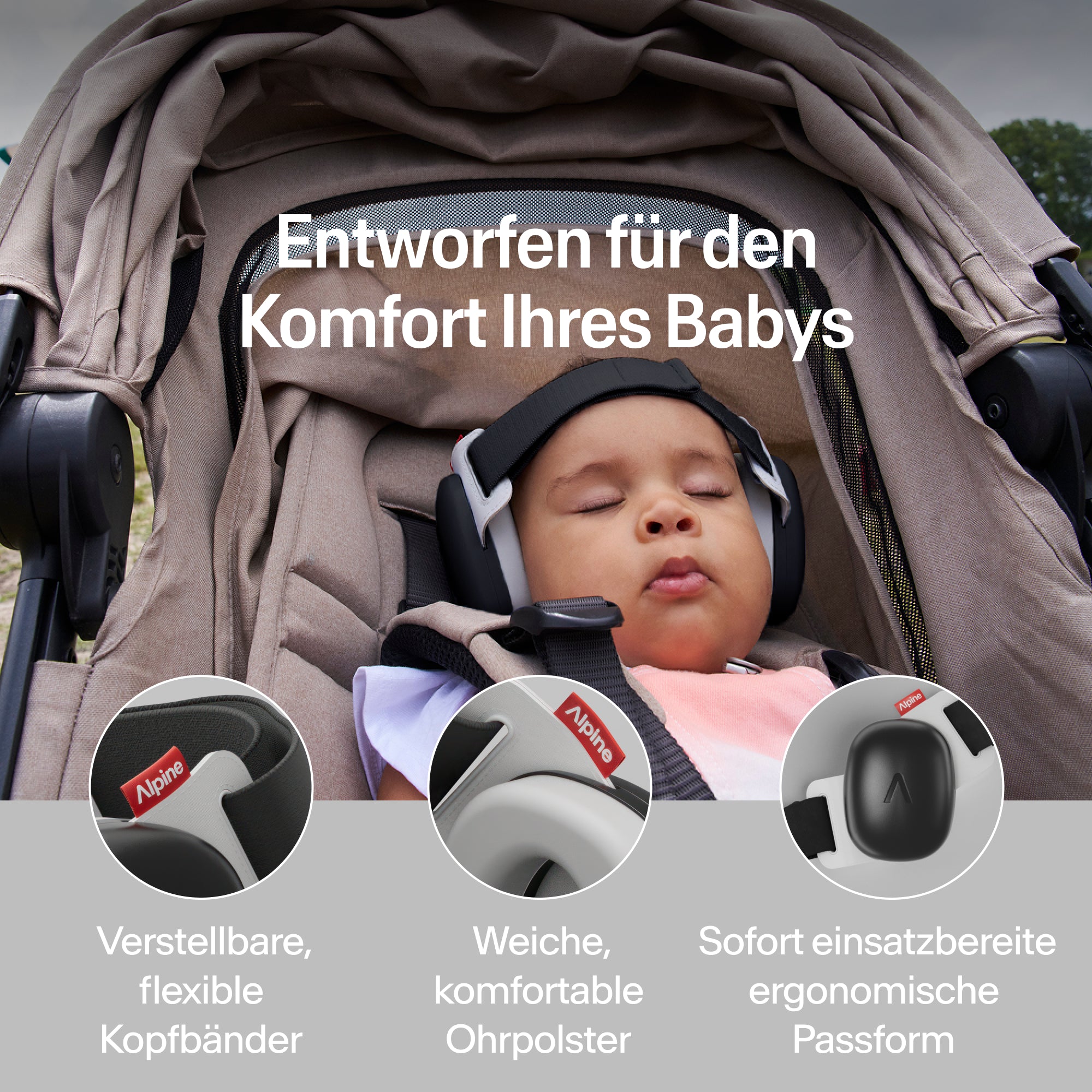 Schlafendes Baby im Kinderwagen mit schwarzem Alpine Gehörschutz; verstellbares Band, weiche Ohrpolster 