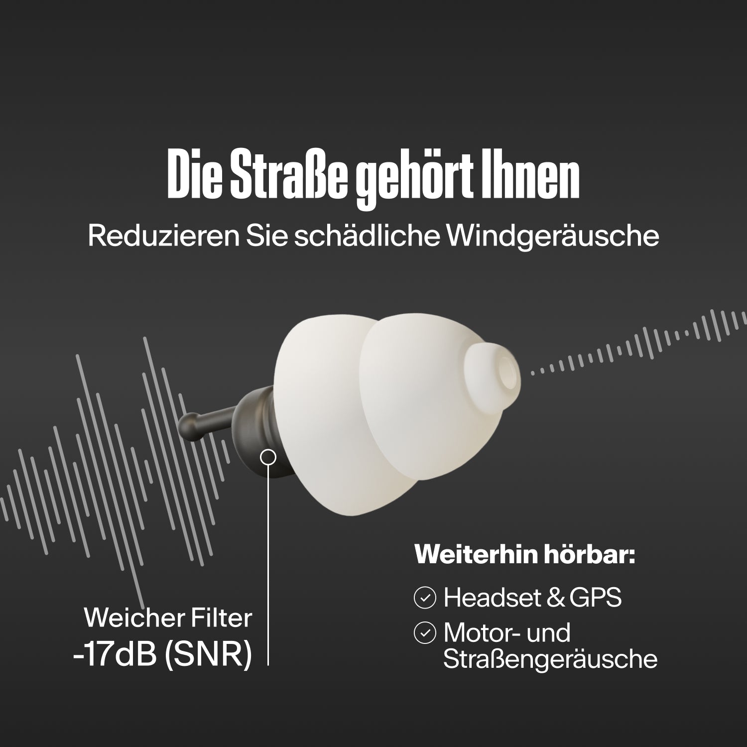 Alpine MotoSafe Tour Ohrstöpsel zwischen Schallwellen, Text „Die Straße gehört Ihnen – Reduzieren Sie schädliche Windgeräusche“, „Weicher Filter -17dB (SNR)“, „Weiterhin hörbar: Headset & GPS, Motor- und Straßengeräusche“ 