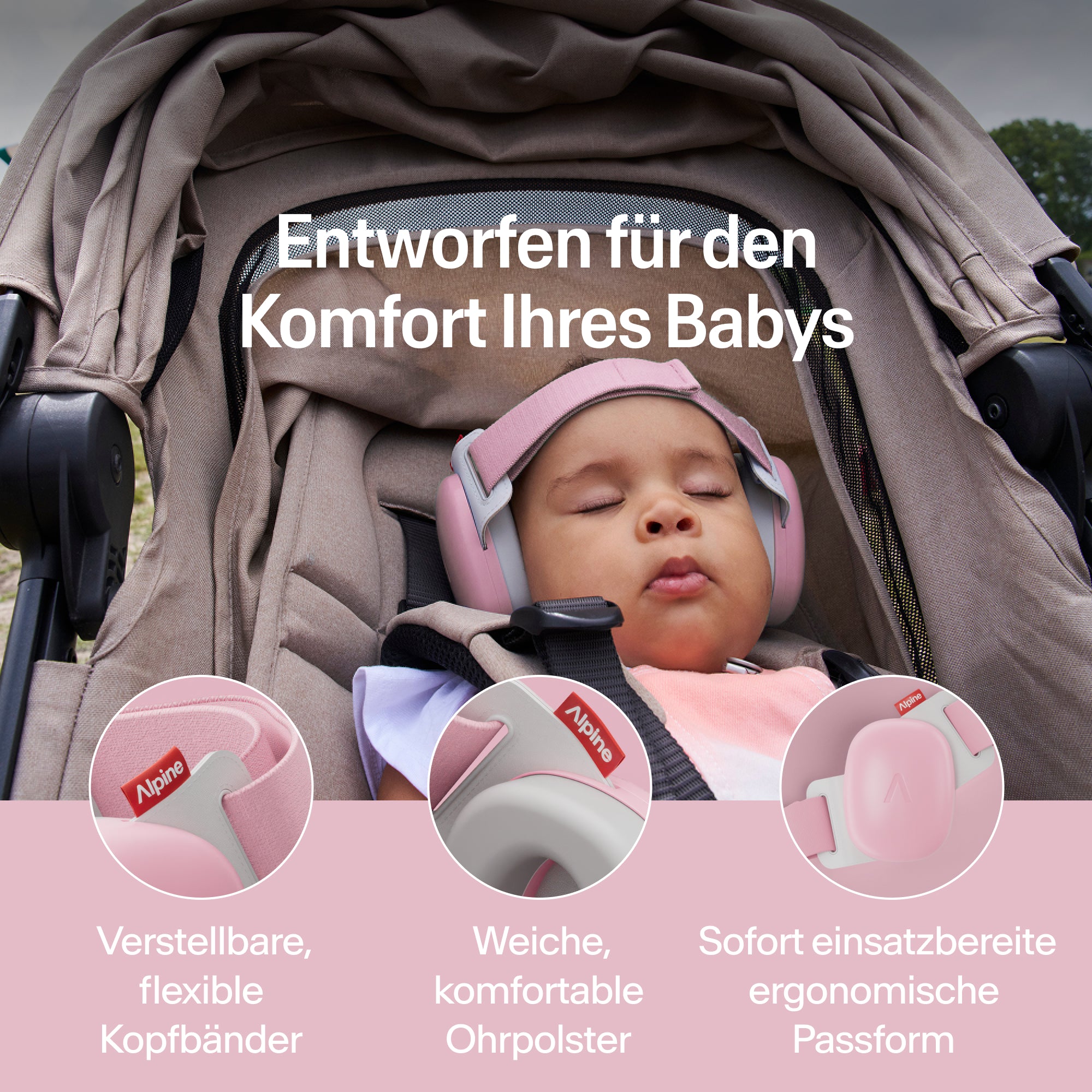 Schlafendes Baby im Kinderwagen mit rosa Alpine Gehörschutz; verstellbares Band, weiche Ohrpolster 