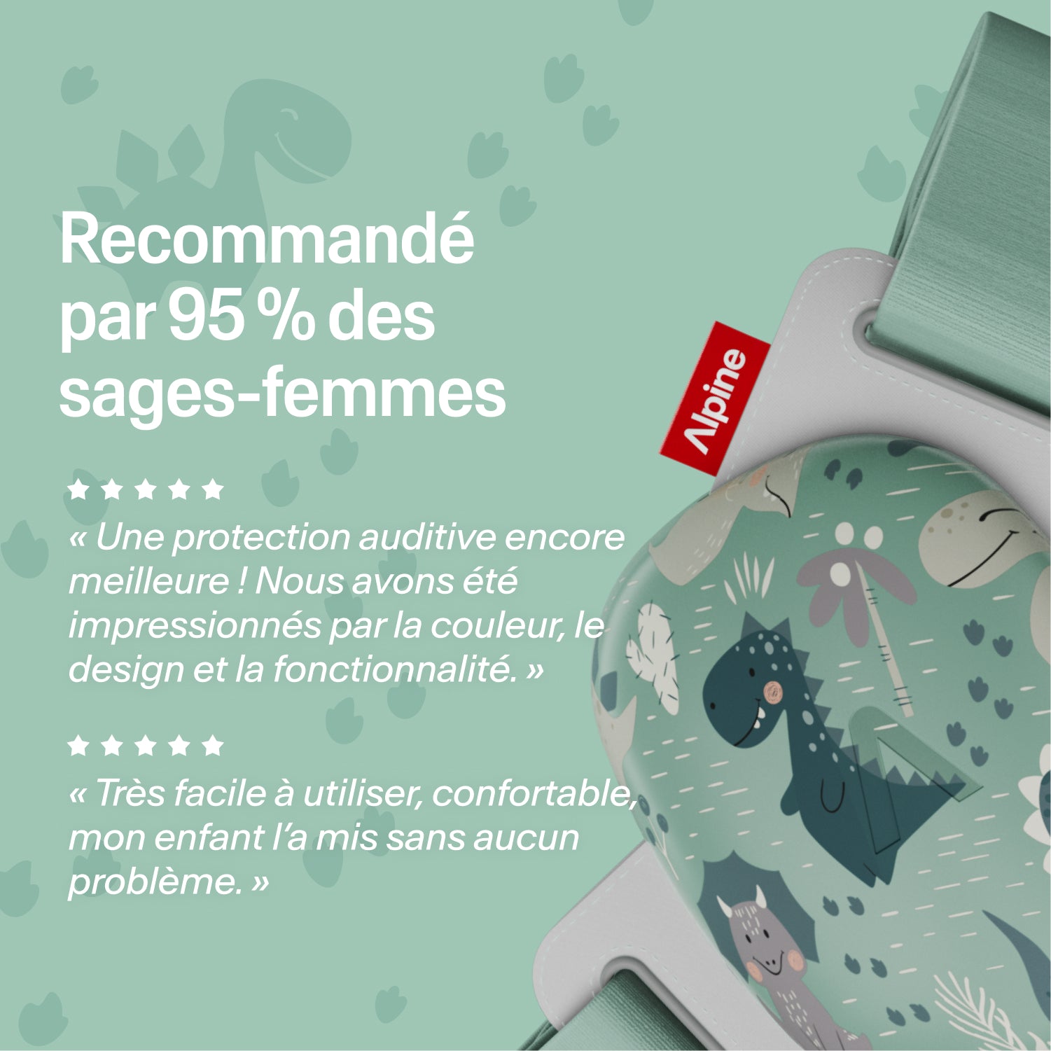 Protège-oreilles Alpine Muffy dinos, recommandés par 95% des sages-femmes, avis 5 étoiles 