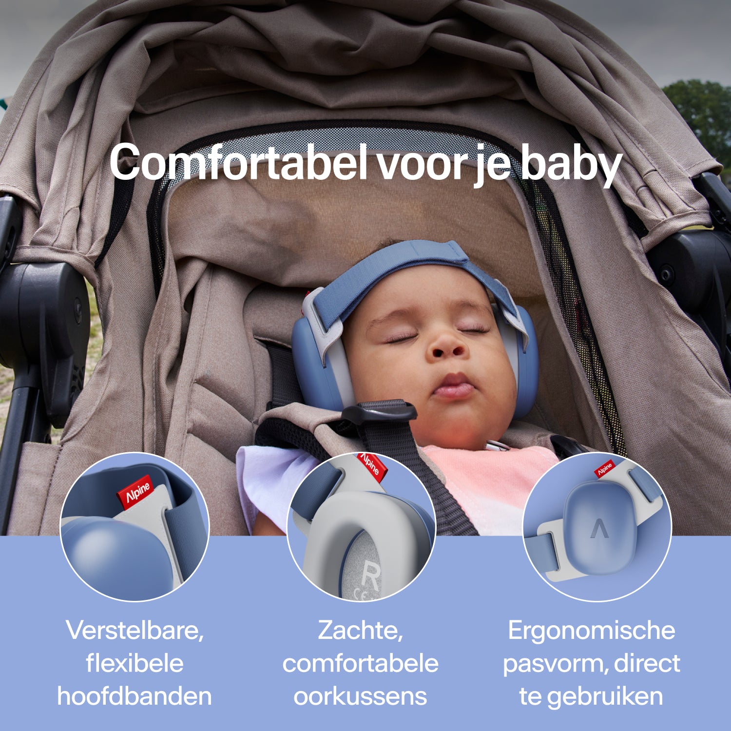 Slapende baby in kinderwagen met denimblauwe Alpine gehoorbescherming; verstelbare band, zachte oorkussens 