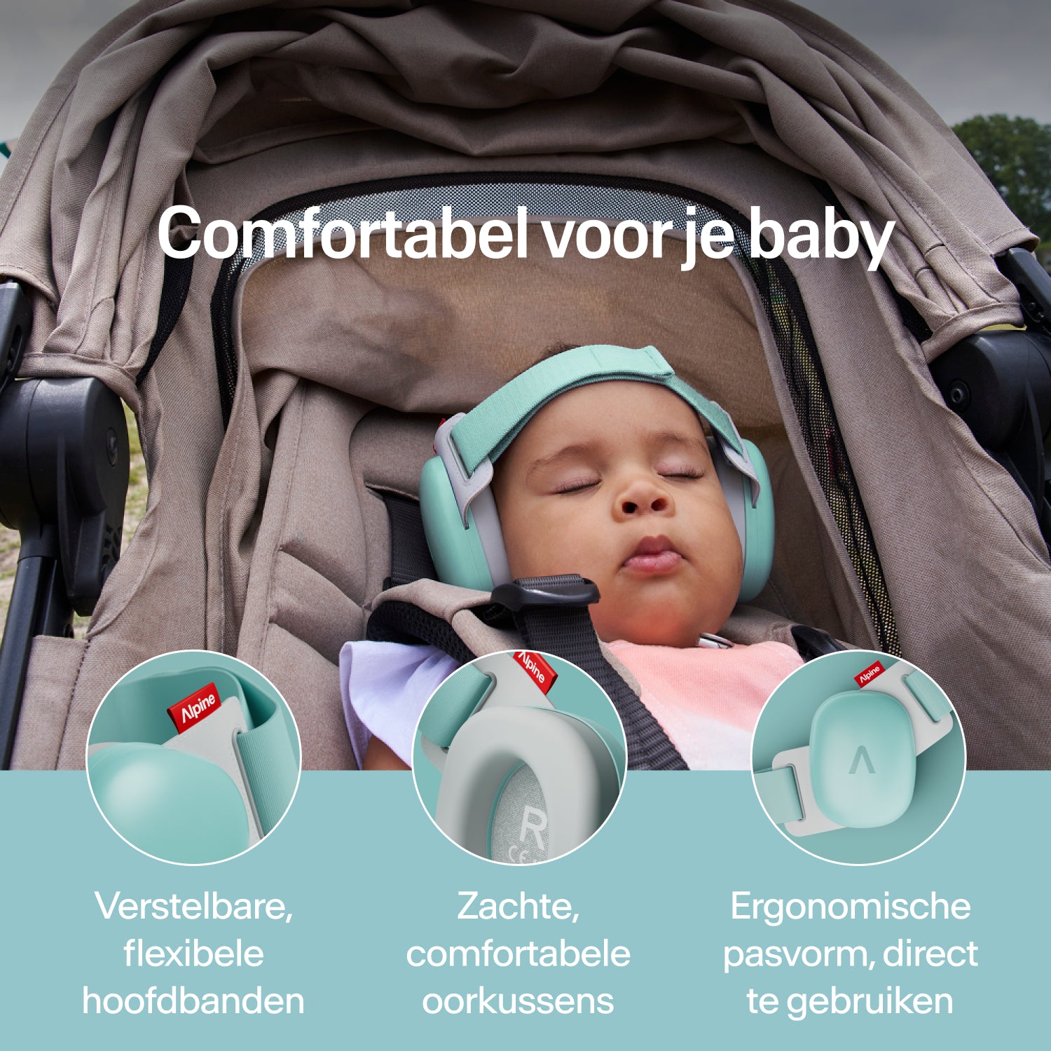 Slapende baby in kinderwagen met aquakleurige Alpine gehoorbescherming; verstelbare band, zachte oorkussens 