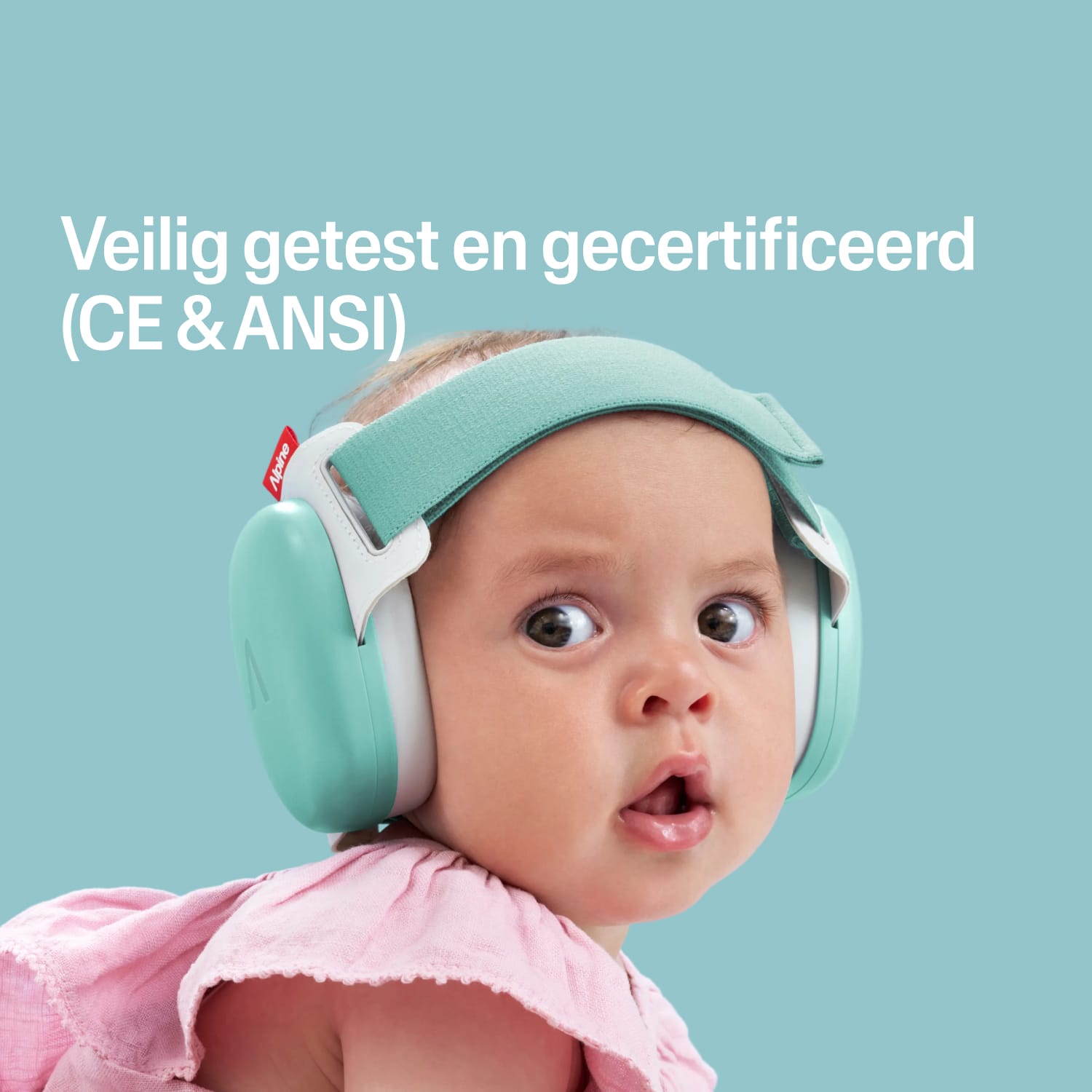 Baby met aquakleurige Alpine gehoorbescherming, veilig getest en gecertificeerd CE & ANSI 