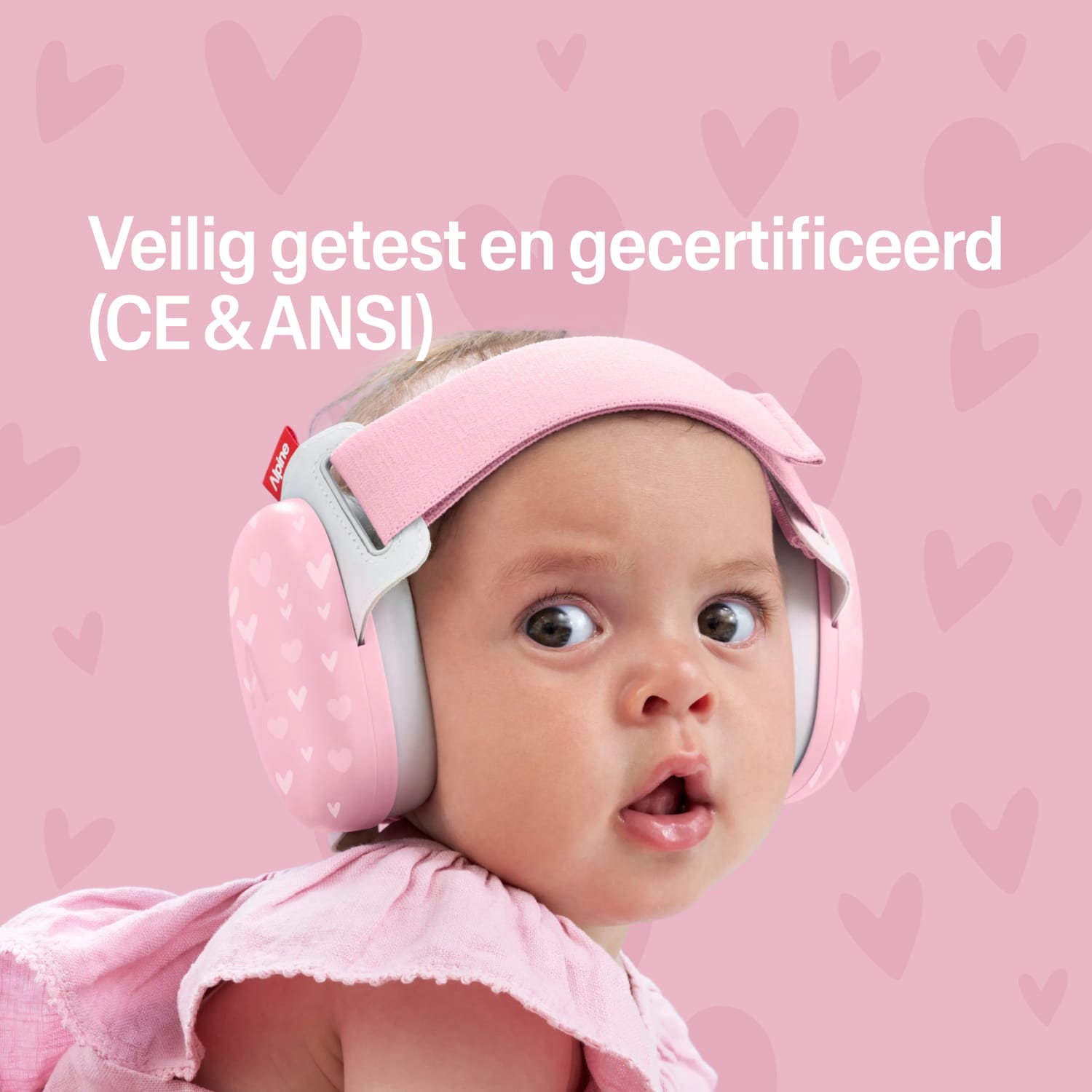 Baby met Alpine gehoorbescherming met hartjesprint, veilig getest en gecertificeerd CE & ANSI 
