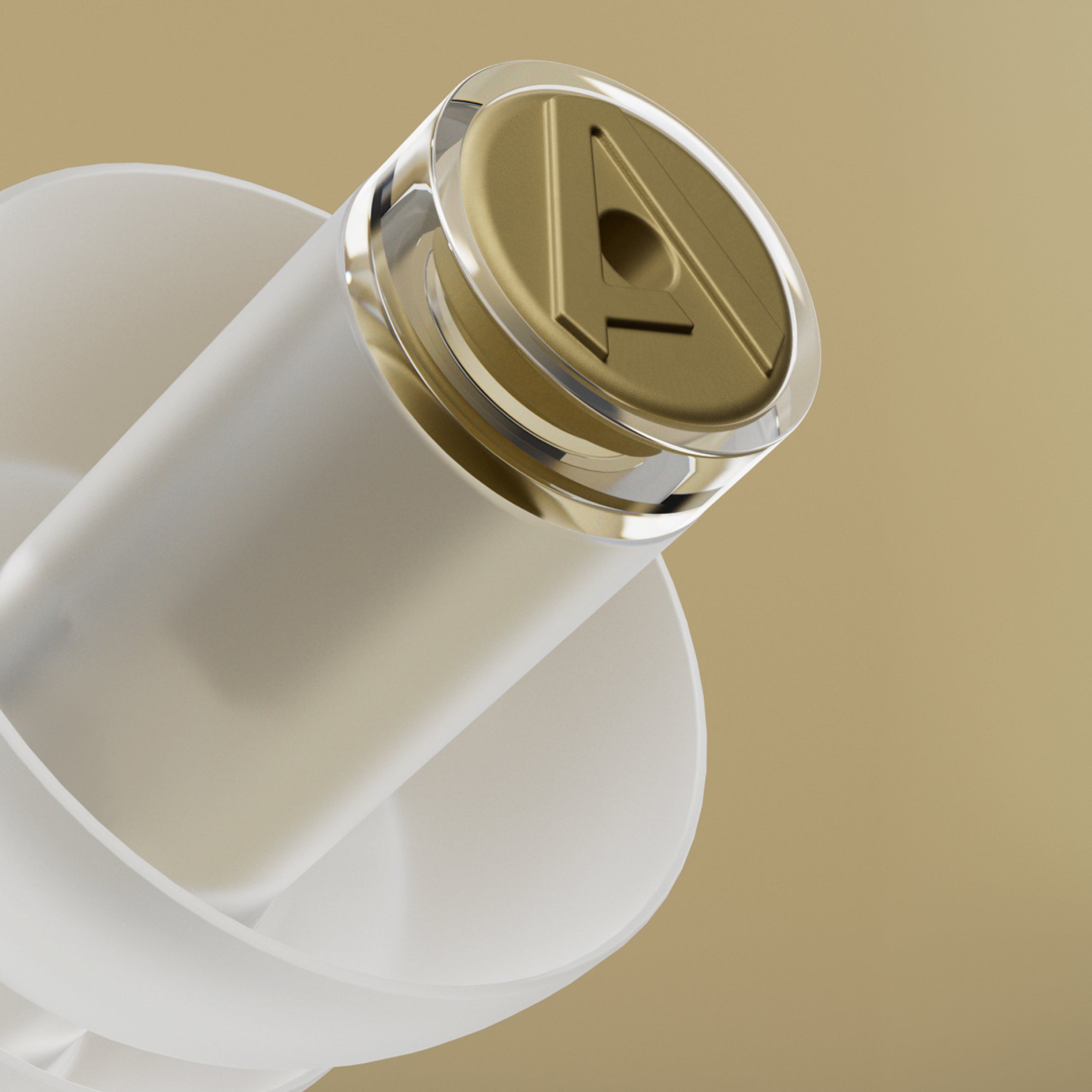 Close-up of the gold-tone filter with Alpine logo on an Alpine MusicSafe Pro Transparent earplug 
