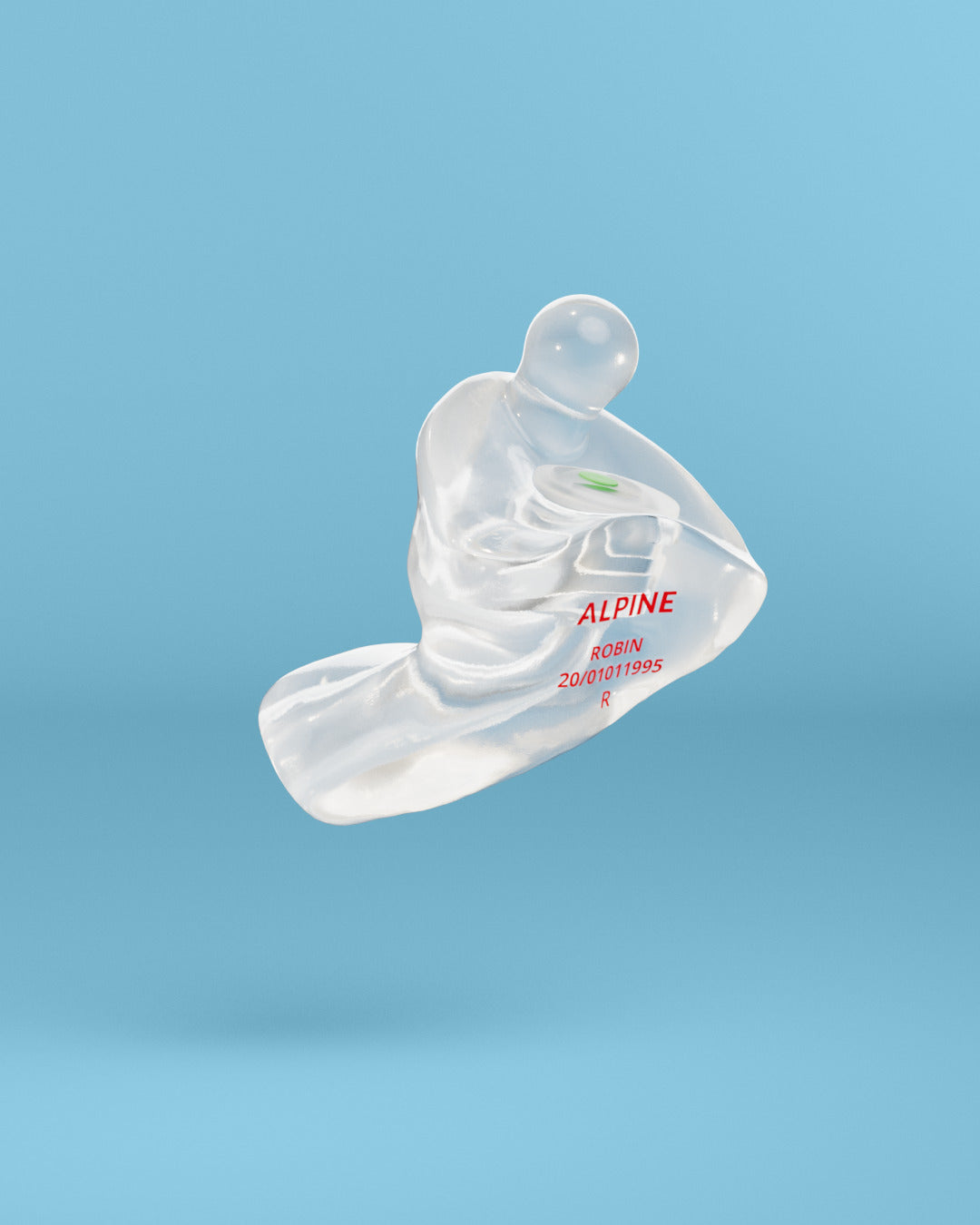 Alpine MotoSafe Custom Transparent earplug with filter, 3D render on a blue background 